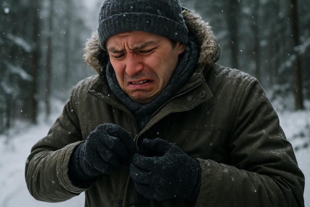 A person in a winter coat, gloves, and beanie struggles to zip up their coat while making a distressed face outdoors in a snowy forest, demonstrating the importance of material handling safety even in challenging winter conditions. Snow is gently falling around them.