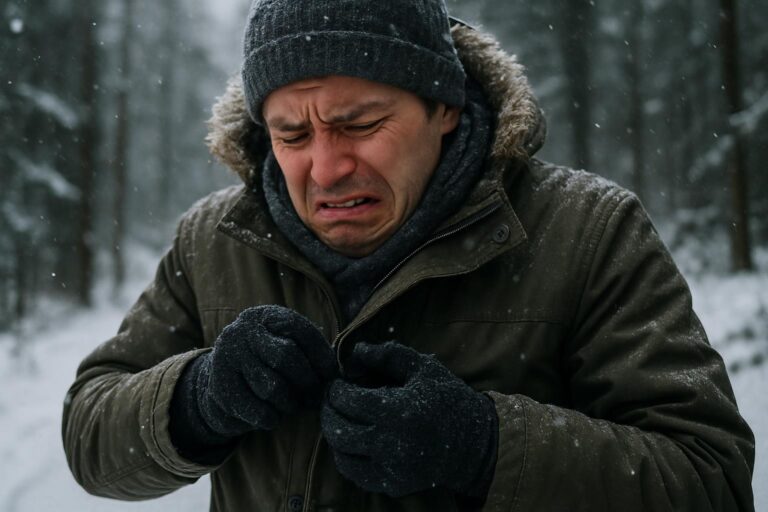 A person in a winter coat, gloves, and beanie struggles to zip up their coat while making a distressed face outdoors in a snowy forest, demonstrating the importance of material handling safety even in challenging winter conditions. Snow is gently falling around them.