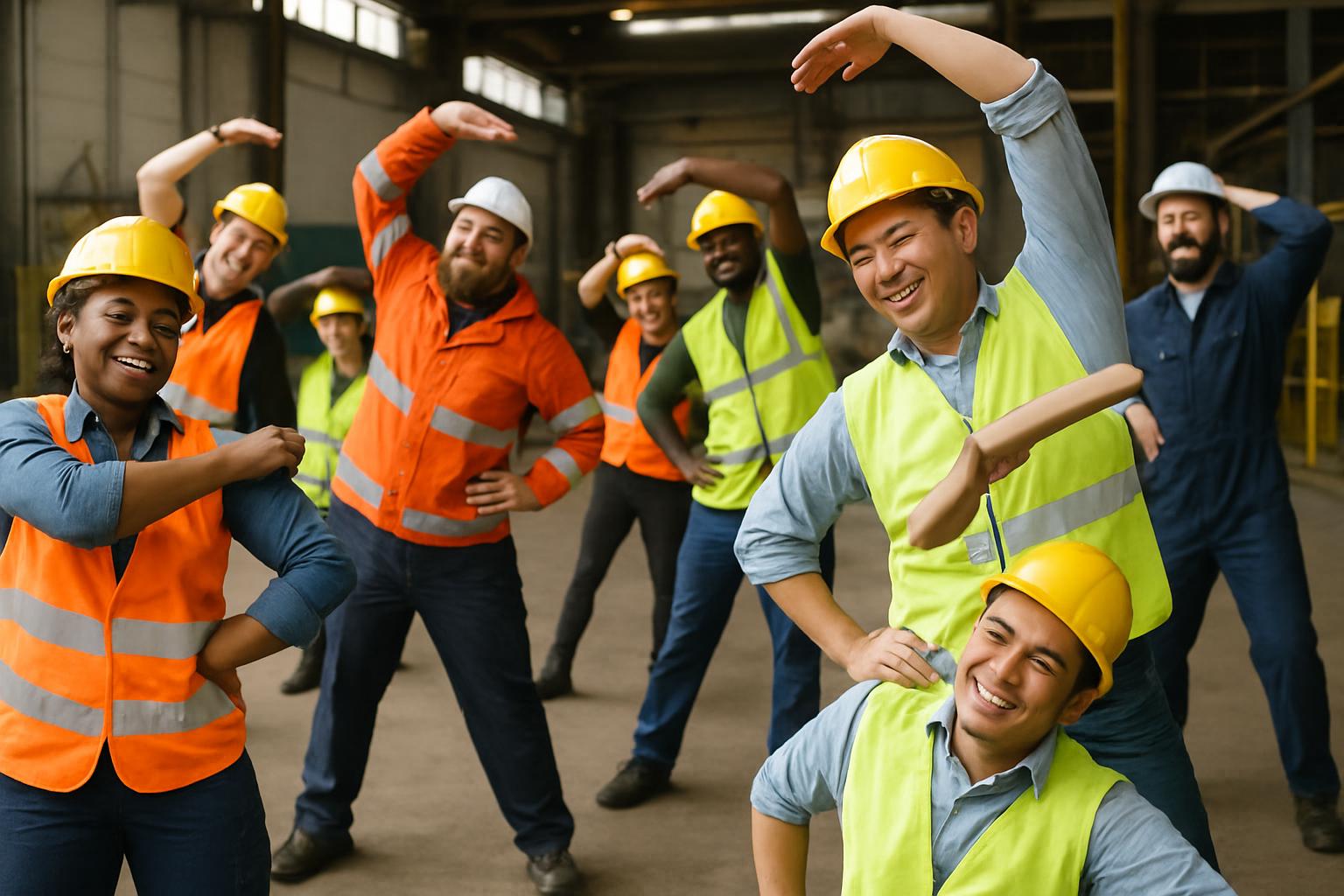 A diverse group of construction workers in safety gear and helmets are smiling and stretching together inside a large industrial building, promoting health and helping to reduce delayed injury reporting before starting work.