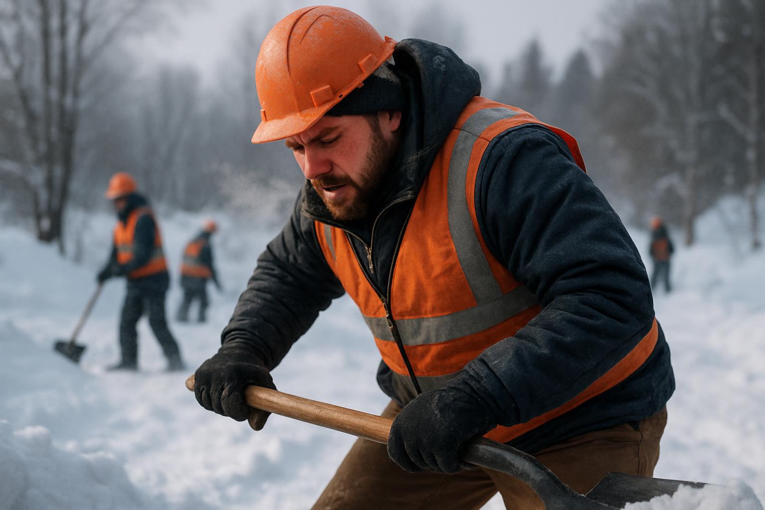 A man in an orange safety vest and helmet shovels snow outdoors in winter, while three other workers clear snow nearby—highlighting how cumulative fatigue can increase decision-making risk during demanding tasks in harsh conditions. Snow covers the ground and trees.