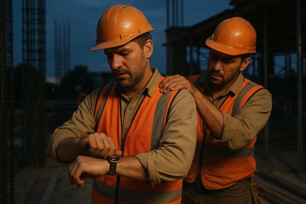 Two construction workers in orange safety vests and helmets stand at a worksite at dusk; one checks his watch while the other rests a reassuring hand on his shoulder, both aware of the hidden cardiovascular strain from cold-weather work.
