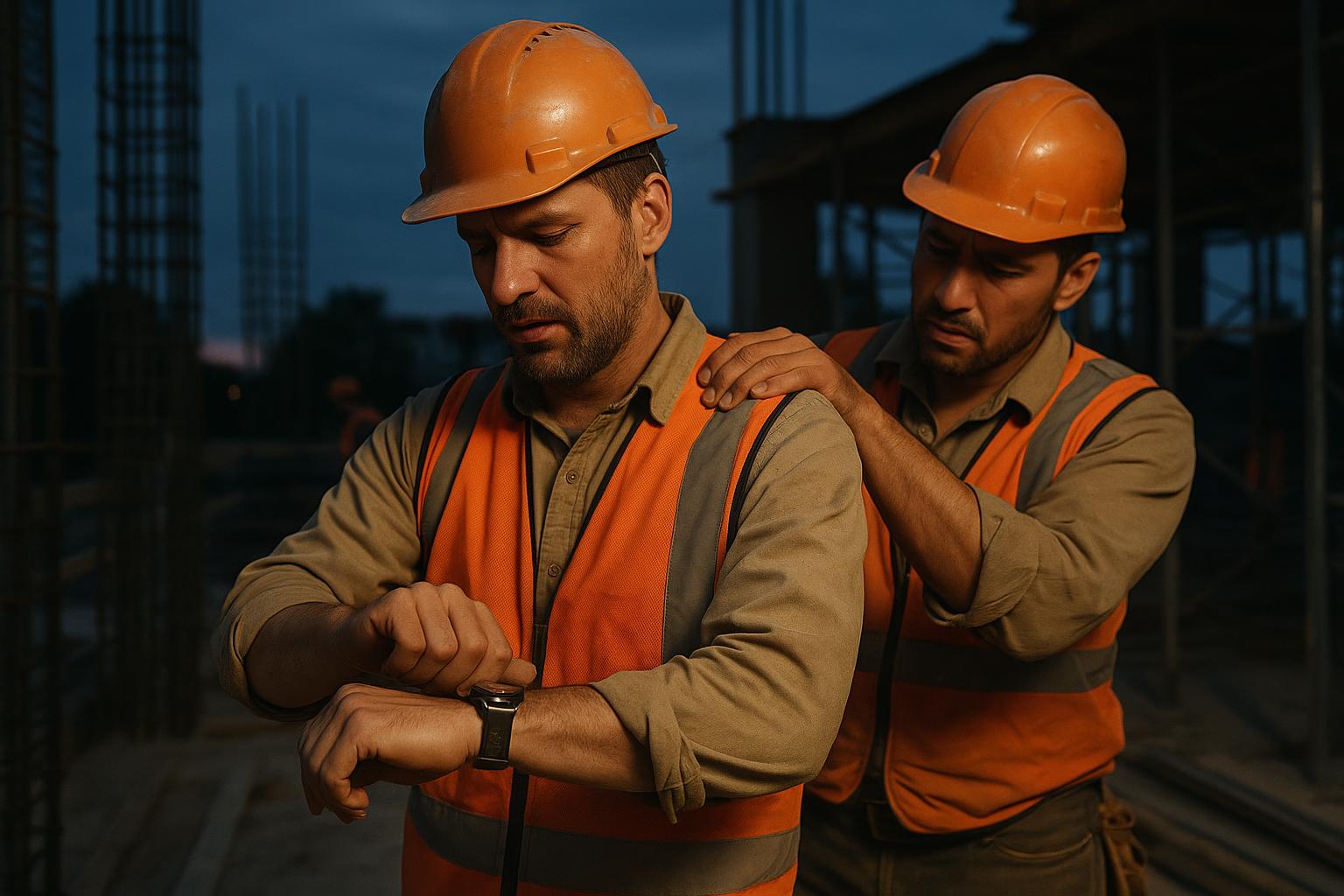 Two construction workers in orange safety vests and helmets stand at a worksite at dusk; one checks his watch while the other rests a reassuring hand on his shoulder, both aware of the hidden cardiovascular strain from cold-weather work.