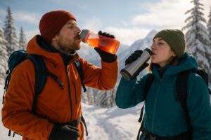 Two people in winter jackets and hats stand in a snowy landscape, taking a break from hiking. Snow-covered trees and mountains surround them as they enjoy their bottles—reminding us that compressed workdays can increase injury risk outdoors.