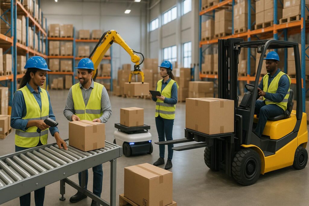 Warehouse workers in safety vests and helmets handle packages; two sort boxes on a conveyor belt, one operates a forklift, while another uses a tablet—mindful of early warning signs of overexertion—as a robotic arm and robot assist in the background.