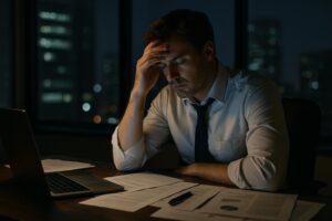 A man in a dress shirt and tie sits at a desk at night, holding his forehead in stress or fatigue. Papers on a managed safety program and a laptop are spread out before him, with city lights glowing through the window behind him.