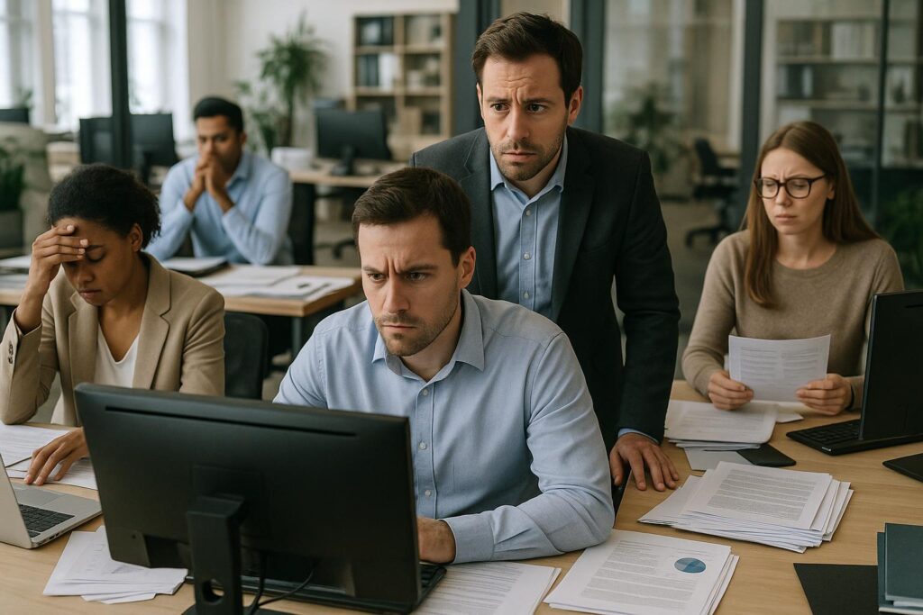 A group of office workers look stressed and focused while gathered around a computer, with documents and laptops on desks, discussing material handling safety in a modern office setting.