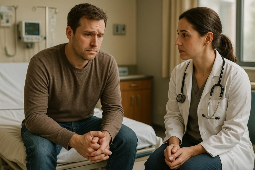 A man sits on a hospital bed, looking concerned, while a doctor discusses cold-induced loss of dexterity with him. They appear to be having a serious conversation in a medical examination room.