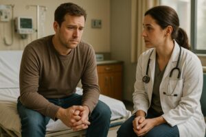 A man sits on a hospital bed, looking concerned, while a doctor discusses cold-induced loss of dexterity with him. They appear to be having a serious conversation in a medical examination room.