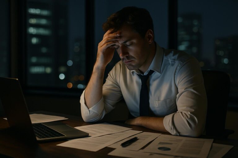 A man in a dress shirt and tie sits at a desk at night, holding his forehead in stress or fatigue. Papers on a managed safety program and a laptop are spread out before him, with city lights glowing through the window behind him.