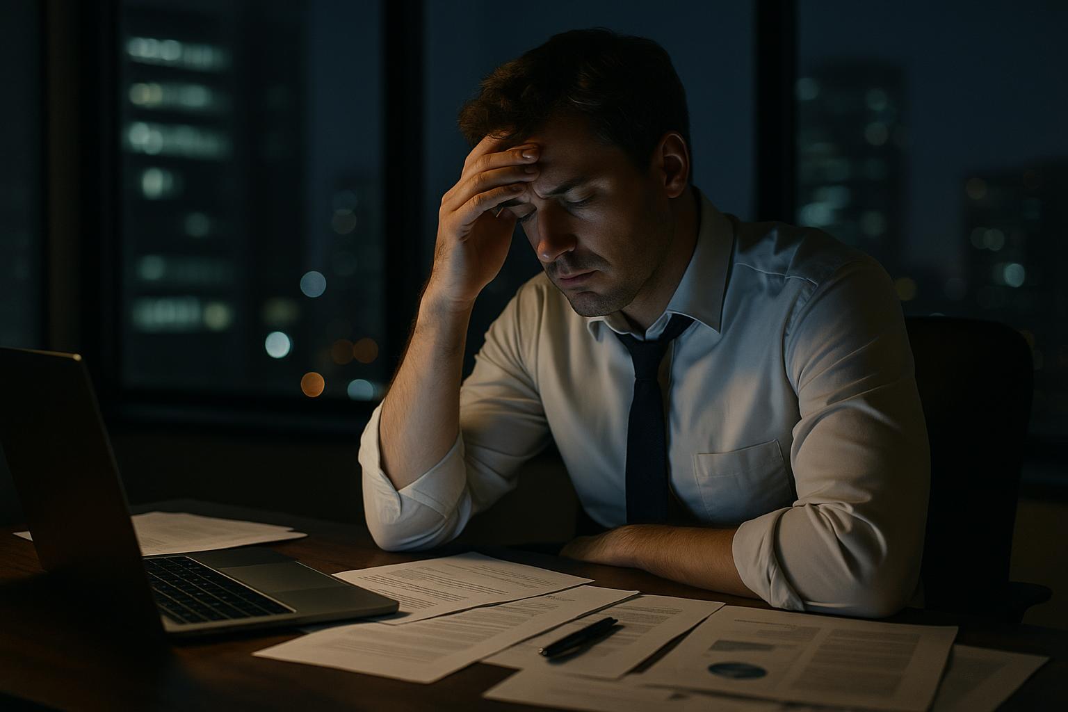 A man in a dress shirt and tie sits at a desk at night, holding his forehead in stress or fatigue. Papers on a managed safety program and a laptop are spread out before him, with city lights glowing through the window behind him.