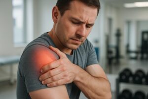 A man in a gray t-shirt holds his left shoulder in pain, with a red highlight indicating the area of discomfort—possibly linked to hidden cardiovascular strain from cold-weather work—in a gym or rehabilitation setting.