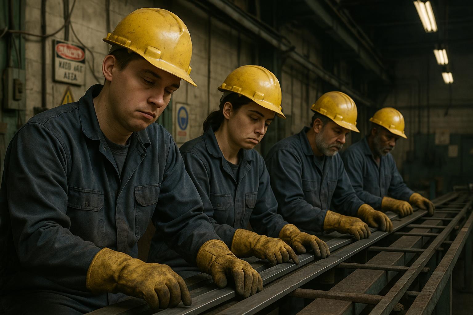Four factory workers in yellow hard hats and gloves sit in a row, appearing tired and focused as they work with metal bars, highlighting the shared space risk present in an active industrial workshop setting.