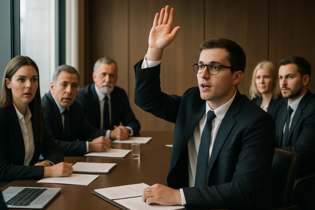 A man in a suit raises his hand while sitting at a conference table with five colleagues, all in business attire, discussing worker health in restricted-movement roles. Papers and a laptop are on the table as they focus intently on the topic.