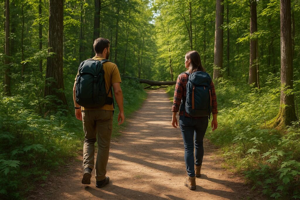 Two people with backpacks walk along a sunlit dirt trail through a green forest, demonstrating pre-task physical readiness as they navigate lush foliage and tall trees, approaching a fallen tree across the path ahead.