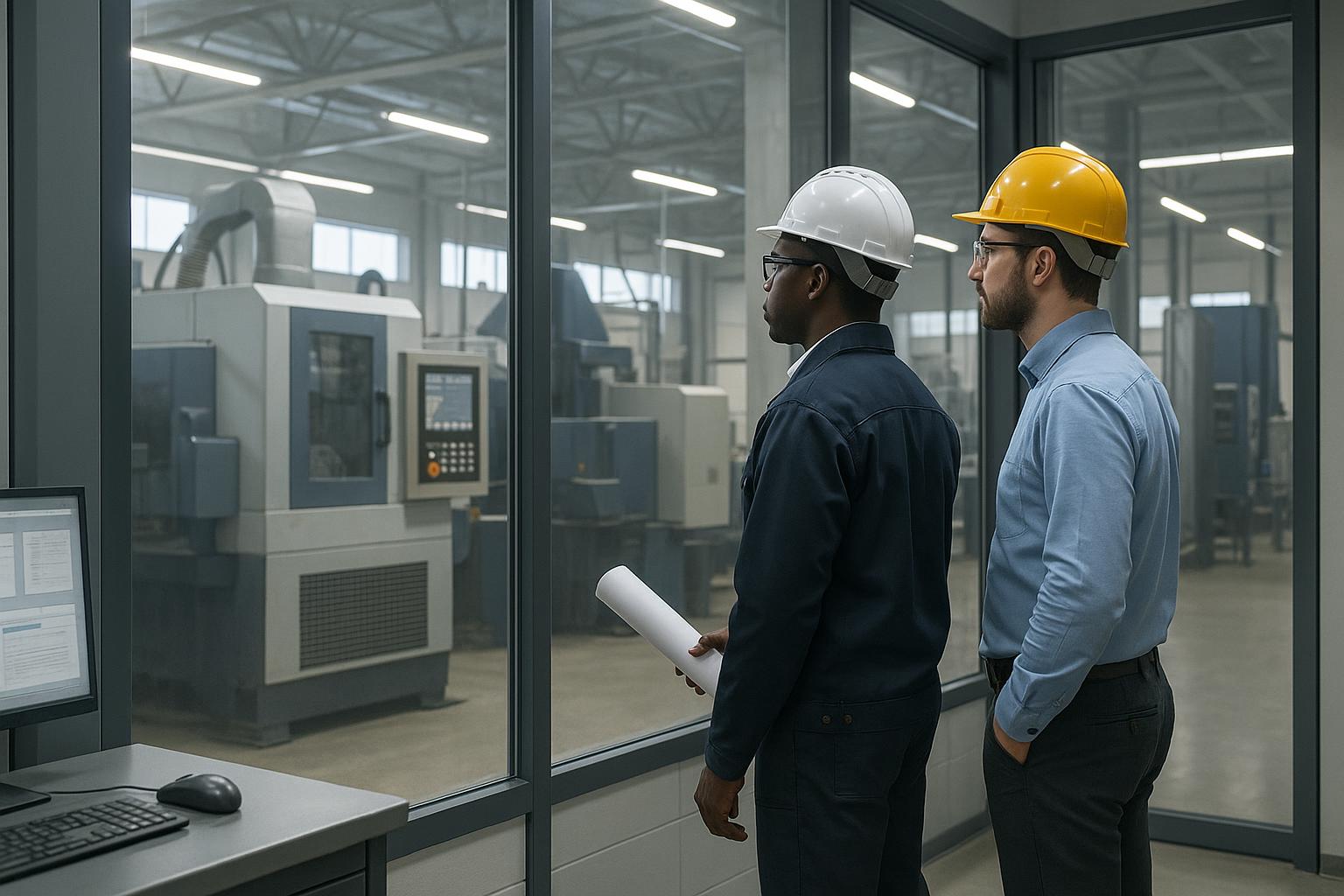 Two engineers wearing hard hats and safety glasses stand side by side, looking through a glass wall into a factory with large industrial machines. One holds rolled-up papers; both appear to be inspecting the production area for signs of repetition fatigue.