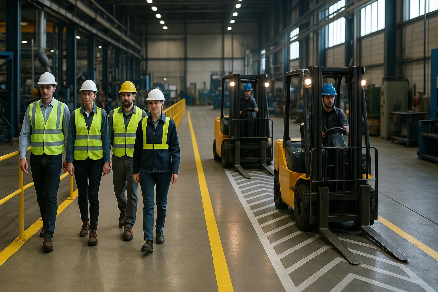 Four workers in safety vests and hard hats walk inside a large warehouse, while two people operate yellow forklifts in the background, carefully navigating line-of-sight limitations in this organized industrial environment.