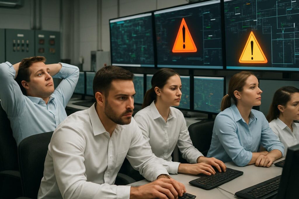 Five people sit at computer stations in a control room, looking concerned. Large screens in the background display warning symbols, highlighting an alert or emergency related to human traffic vs equipment traffic.