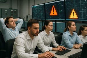 Five people sit at computer stations in a control room, looking concerned. Large screens in the background display warning symbols, highlighting an alert or emergency related to human traffic vs equipment traffic.