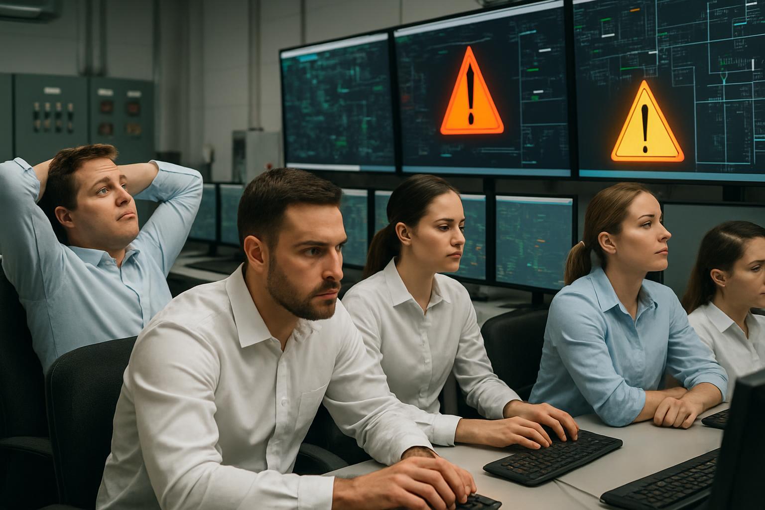Five people sit at computer stations in a control room, looking concerned. Large screens in the background display warning symbols, highlighting an alert or emergency related to human traffic vs equipment traffic.