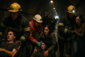 Firefighters and rescue workers help injured and distressed people in a dark tunnel, highlighting the dangers of normalized deviance in captive operations. One person is on a stretcher, while others are supported as a group heads toward the lighted exit.