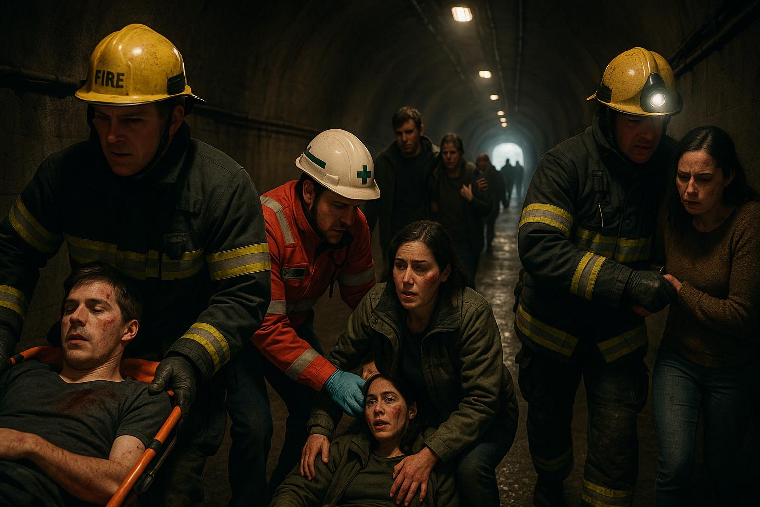 Firefighters and rescue workers help injured and distressed people in a dark tunnel, highlighting the dangers of normalized deviance in captive operations. One person is on a stretcher, while others are supported as a group heads toward the lighted exit.