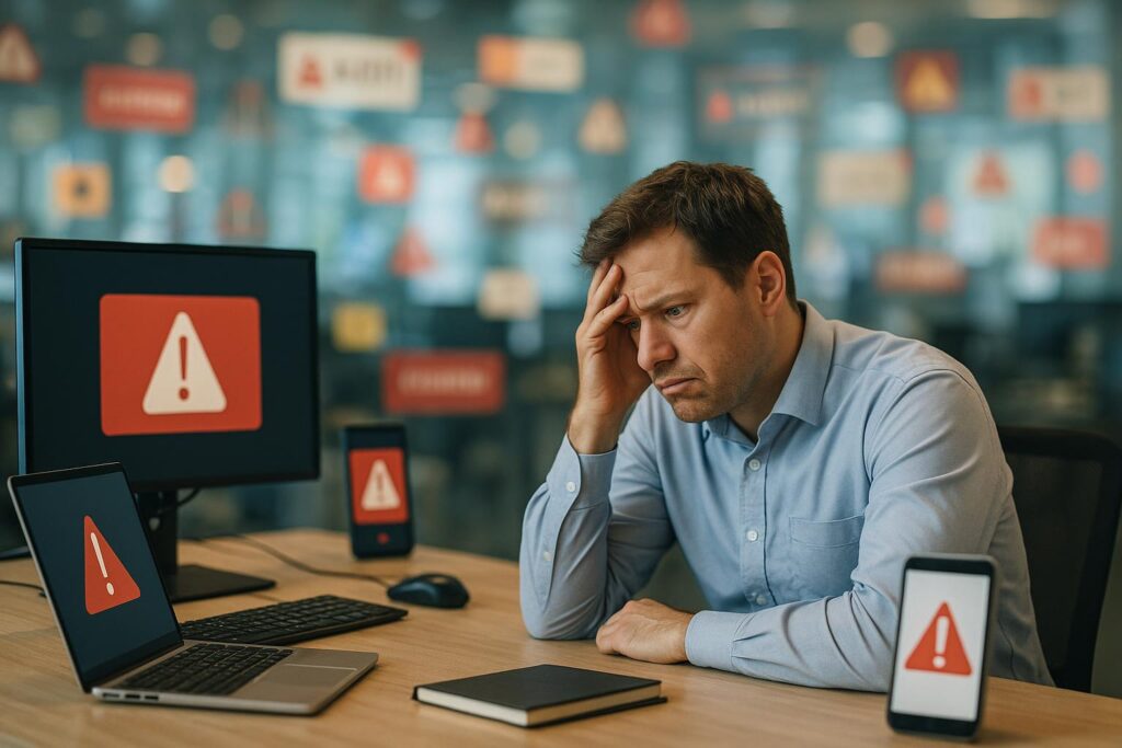 A worried man sits at a desk with his hand on his forehead, surrounded by computer monitors and phones displaying red warning symbols, indicating a possible tech issue or emergency response in limited-exit environments.