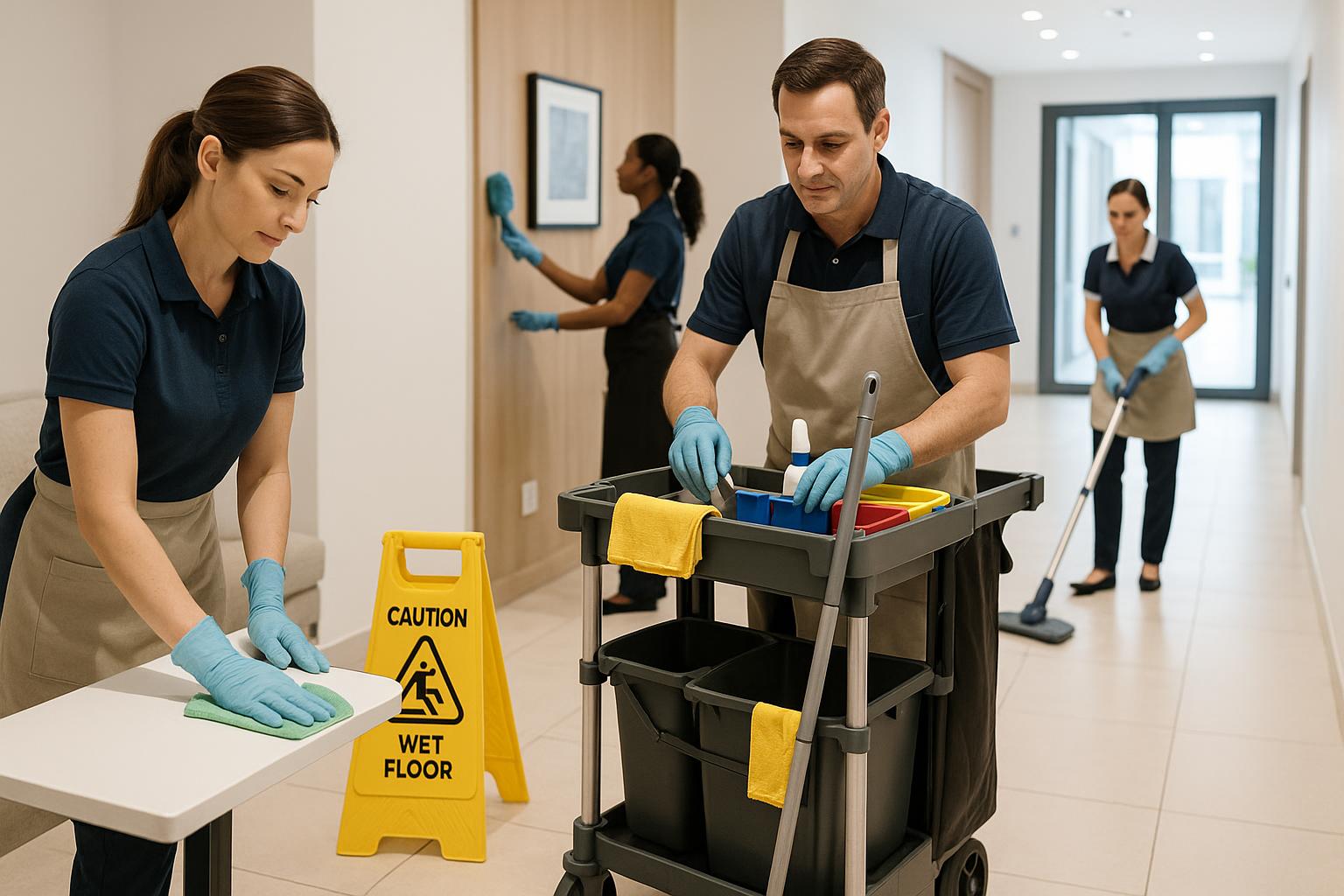 Four janitors in uniforms and gloves clean a bright hallway. With minimal noise saturation, one wipes a table, another pushes a cleaning cart, the third cleans a wall, and the fourth mops near a yellow “Caution Wet Floor” sign.