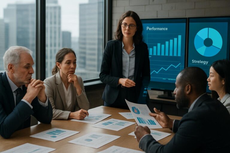 Five business professionals are in a conference room with charts and documents on the table. A woman stands presenting, while others listen. Two screens behind display performance graphs, a pie chart, and data highlighting housekeeping as a leading safety indicator.