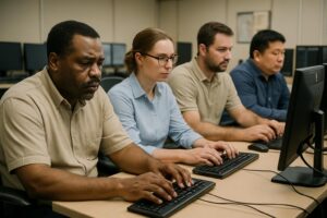 Four adults sit in a row at computer desks, focused on typing on keyboards in a classroom or office setting—a scene reflecting change management in static environments, with multiple monitors and a neutral background visible.