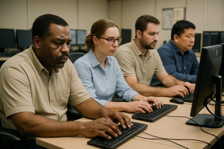 Four adults sit in a row at computer desks, focused on typing on keyboards in a classroom or office setting—a scene reflecting change management in static environments, with multiple monitors and a neutral background visible.