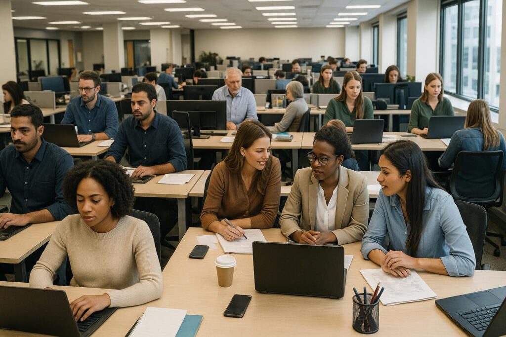 A large, modern office with rows of people working at desks on laptops. In the foreground, a group of women collaborate, while others type or write notes along predictable paths. Large windows let in natural light for a bright workspace.