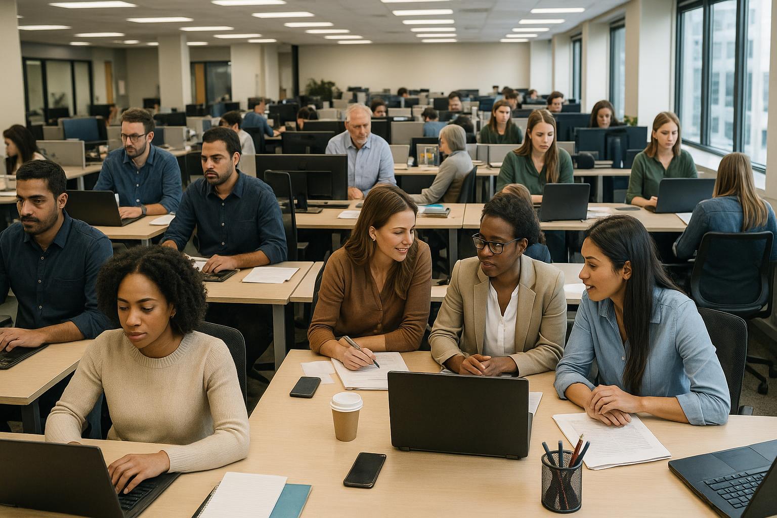 A large, modern office with rows of people working at desks on laptops. In the foreground, a group of women collaborate, while others type or write notes along predictable paths. Large windows let in natural light for a bright workspace.