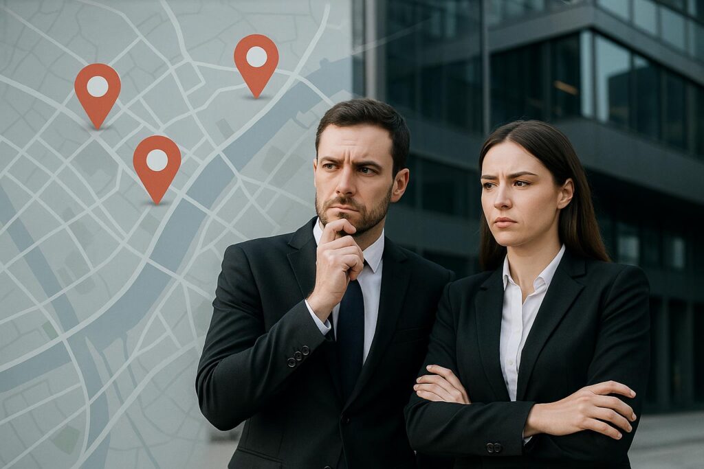 Two business professionals in suits stand thoughtfully in front of a large map with red location markers, appearing serious and focused as they consider new location risk, with modern office buildings in the background.