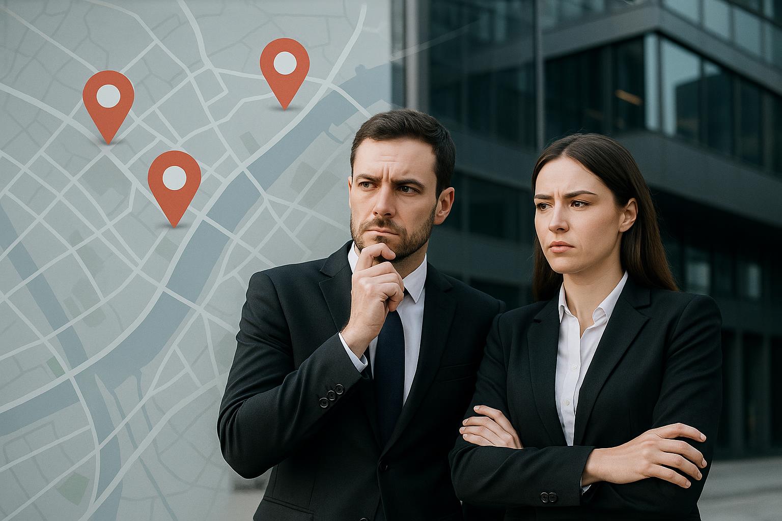 Two business professionals in suits stand thoughtfully in front of a large map with red location markers, appearing serious and focused as they consider new location risk, with modern office buildings in the background.