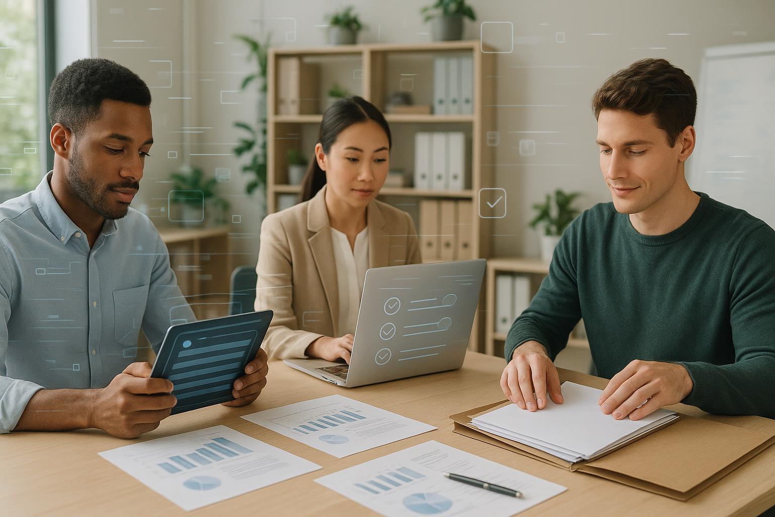 Three people sit at a desk with digital devices and documents, collaborating in an office setting. Charts, graphs, and training records are visible on the table, with digital icons overlaying the image to suggest data analysis or teamwork.