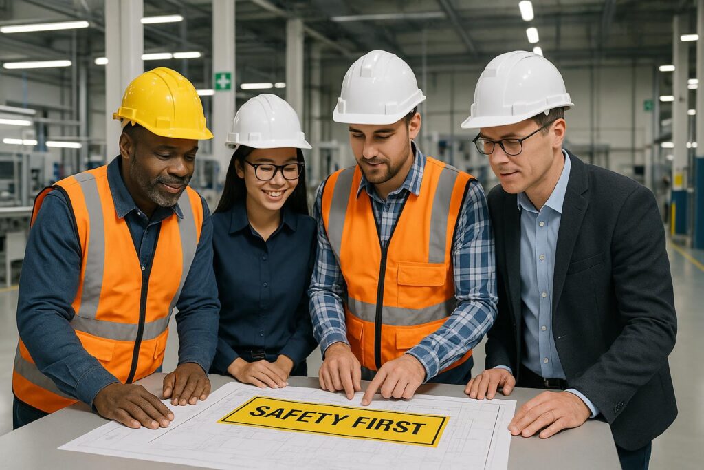 Four workers wearing hard hats and safety vests review safety documentation on a table with a “SAFETY FIRST” sign in a large industrial warehouse, emphasizing workplace safety procedures when opening a new facility.