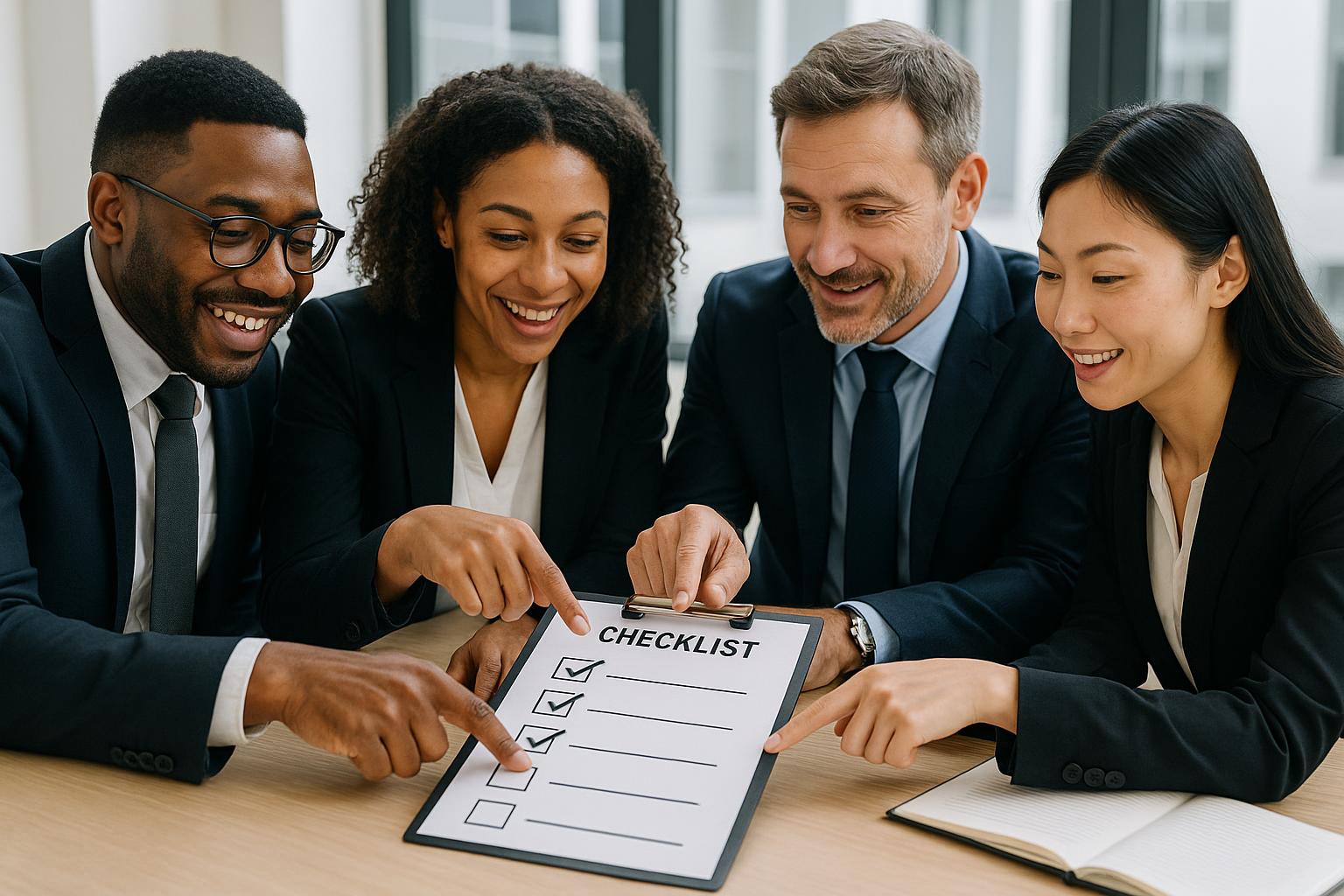 Four business professionals in suits sit at a table, smiling and pointing at a clipboard with a checklist, showing completed tasks. An open notebook with training records is on the table beside them.