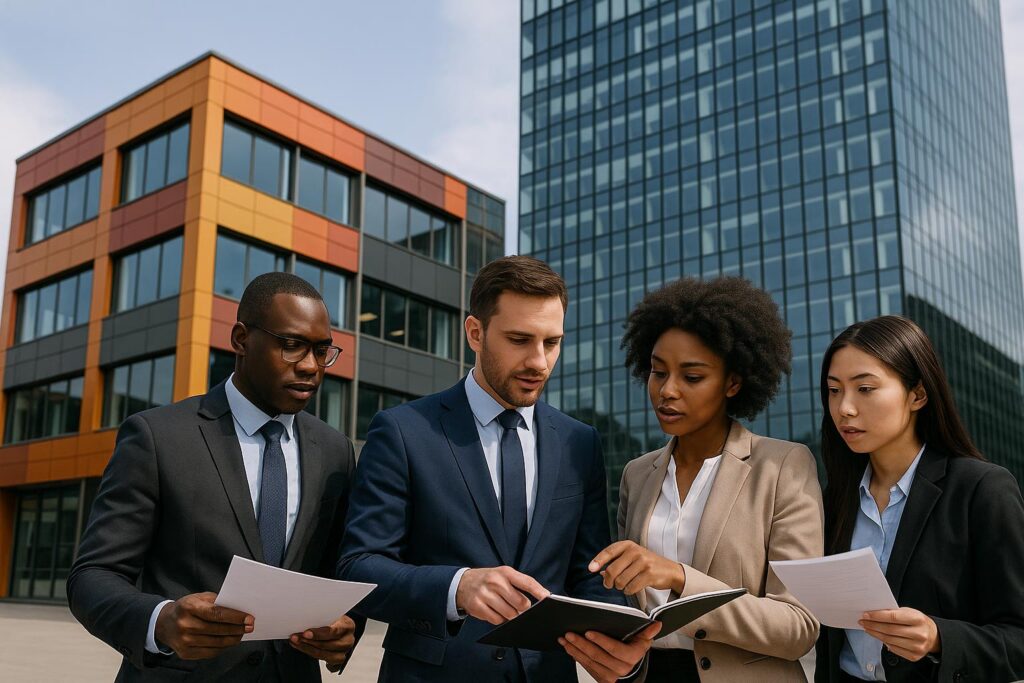 Four business professionals stand outdoors in front of modern office buildings, reviewing documents and discussing company growth. Two men and two women are dressed in formal business attire.