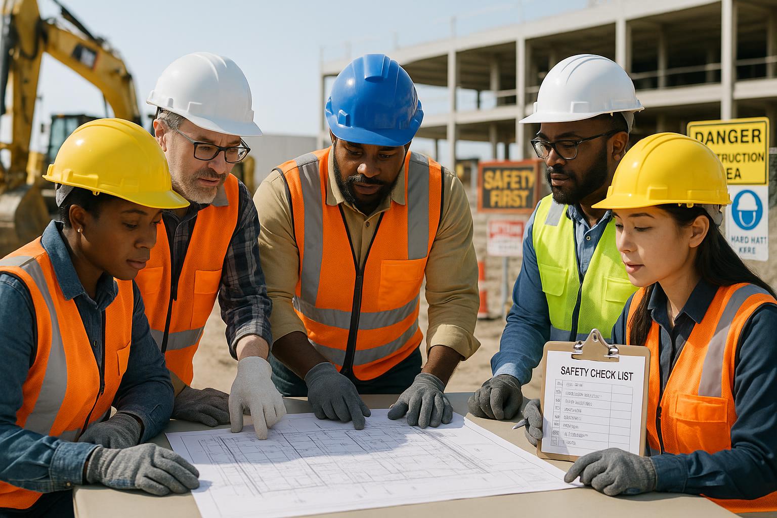 Five construction workers in safety vests and helmets review blueprints at a table on a construction site, laying the safety foundation for new facilities. One person holds a clipboard labeled "Safety Check List" among visible signs and equipment.