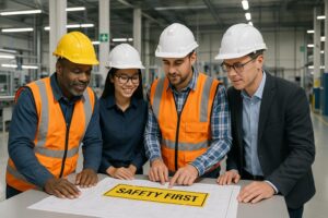 Four workers wearing hard hats and safety vests review safety documentation on a table with a “SAFETY FIRST” sign in a large industrial warehouse, emphasizing workplace safety procedures when opening a new facility.