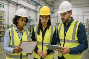 Three people in safety vests and hard hats stand in a warehouse, reviewing documents for OSHA readiness. One holds a clipboard, another a tablet—they appear focused and are discussing compliance basics together.