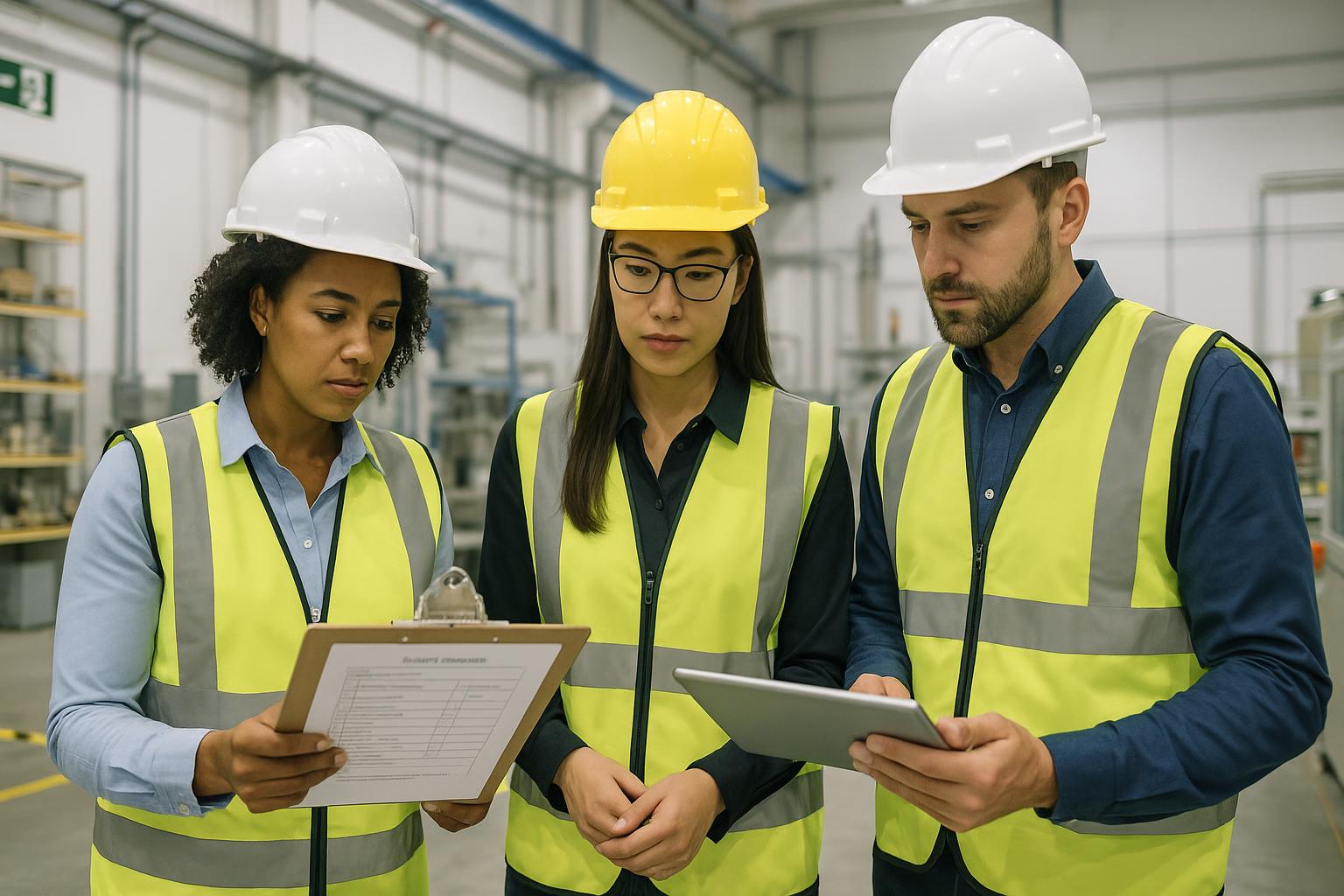 Three people in safety vests and hard hats stand in a warehouse, reviewing documents for OSHA readiness. One holds a clipboard, another a tablet—they appear focused and are discussing compliance basics together.