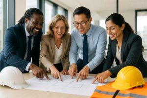 Four professionals, including two men and two women, smile and point at blueprints on a table in an office. Two hard hats and a safety vest hint at teamwork and planning a business expansion with a clear safety roadmap for success.