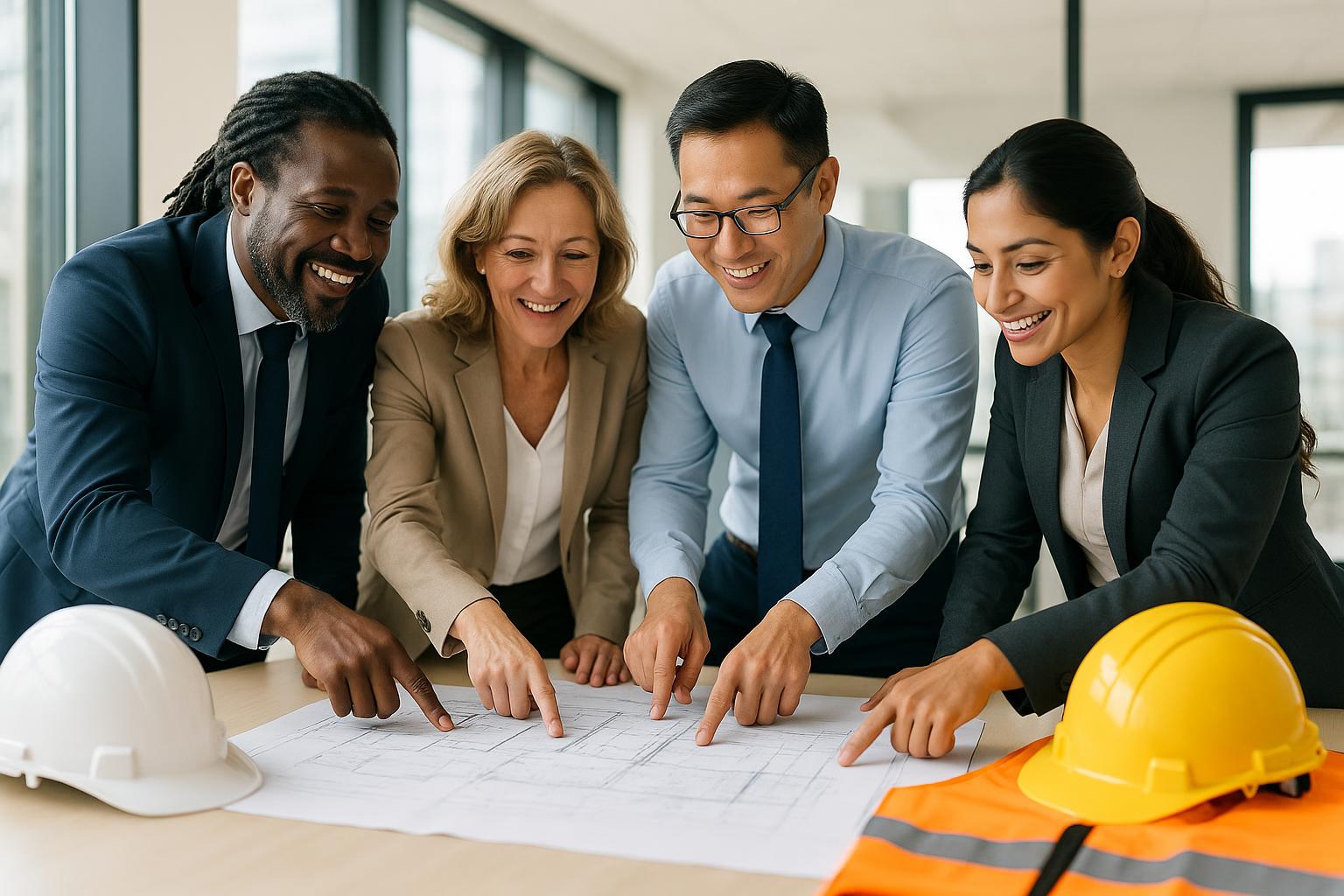 Four professionals, including two men and two women, smile and point at blueprints on a table in an office. Two hard hats and a safety vest hint at teamwork and planning a business expansion with a clear safety roadmap for success.