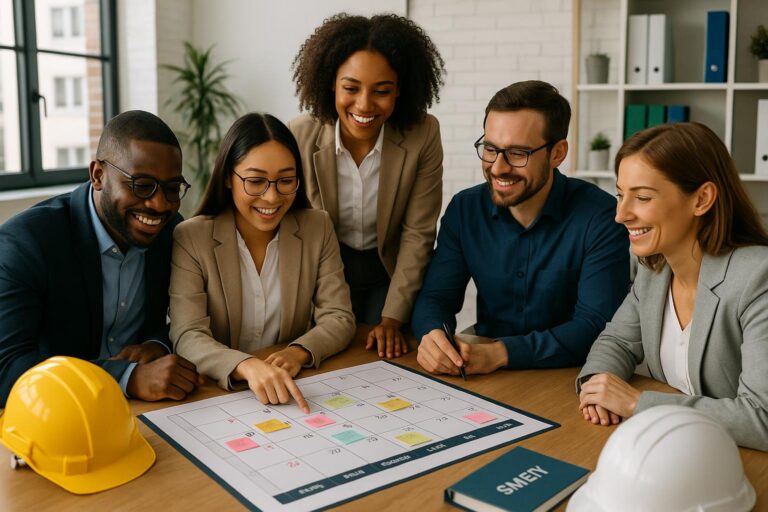 Five colleagues in business attire smile and discuss a large safety calendar on a desk, which also holds yellow and white safety helmets, a book labeled "SME," and sticky notes, highlighting their focus on meeting safety deadlines in a bright office setting.
