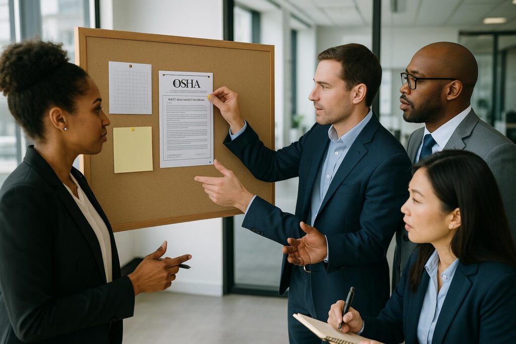 Four business professionals in suits gather around a corkboard as one man pins up an OSHA 300A notice while others listen and take notes, suggesting a discussion on employer requirements and workplace safety compliance.