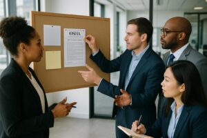 Four business professionals in suits gather around a corkboard as one man pins up an OSHA 300A notice while others listen and take notes, suggesting a discussion on employer requirements and workplace safety compliance.