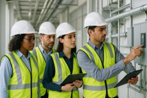 Four engineers wearing white hard hats and yellow safety vests conduct monthly safety inspections, reviewing a control panel in an industrial setting. One operates the panel while others observe, holding clipboards and a tablet to help prevent problems.