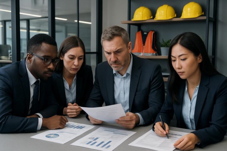 Four business professionals in suits sit at a table analyzing documents with charts and graphs. Shelves behind them display yellow hard hats and orange safety vests, highlighting their focus on Company Safety Compliance.