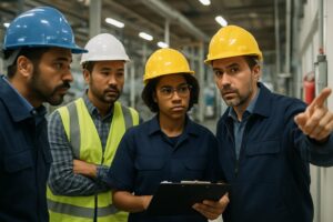 Four industrial workers in safety helmets and uniforms stand indoors; one man is pointing and explaining something, emphasizing workplace safety, while a woman holds a clipboard. Two other workers listen attentively in the background of a factory setting.